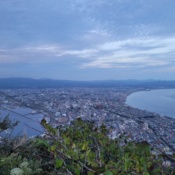 Bild, das Ausblick auf die Küstenstadt Hakodate auf Hokkaido zeigt.